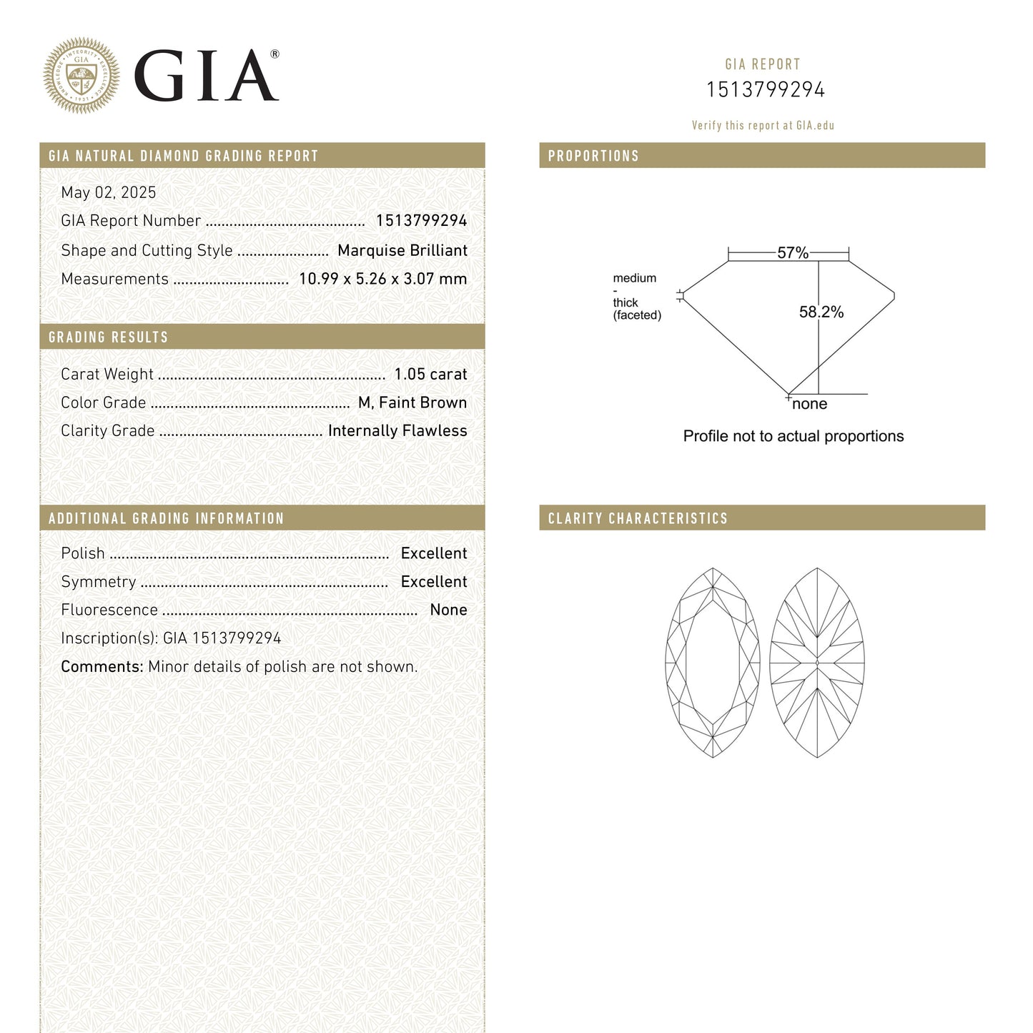 1.05ct 10.99x5.26x3.07mm GIA Internally Flawless M Marquise Brilliant π¨π¦ 27091-01