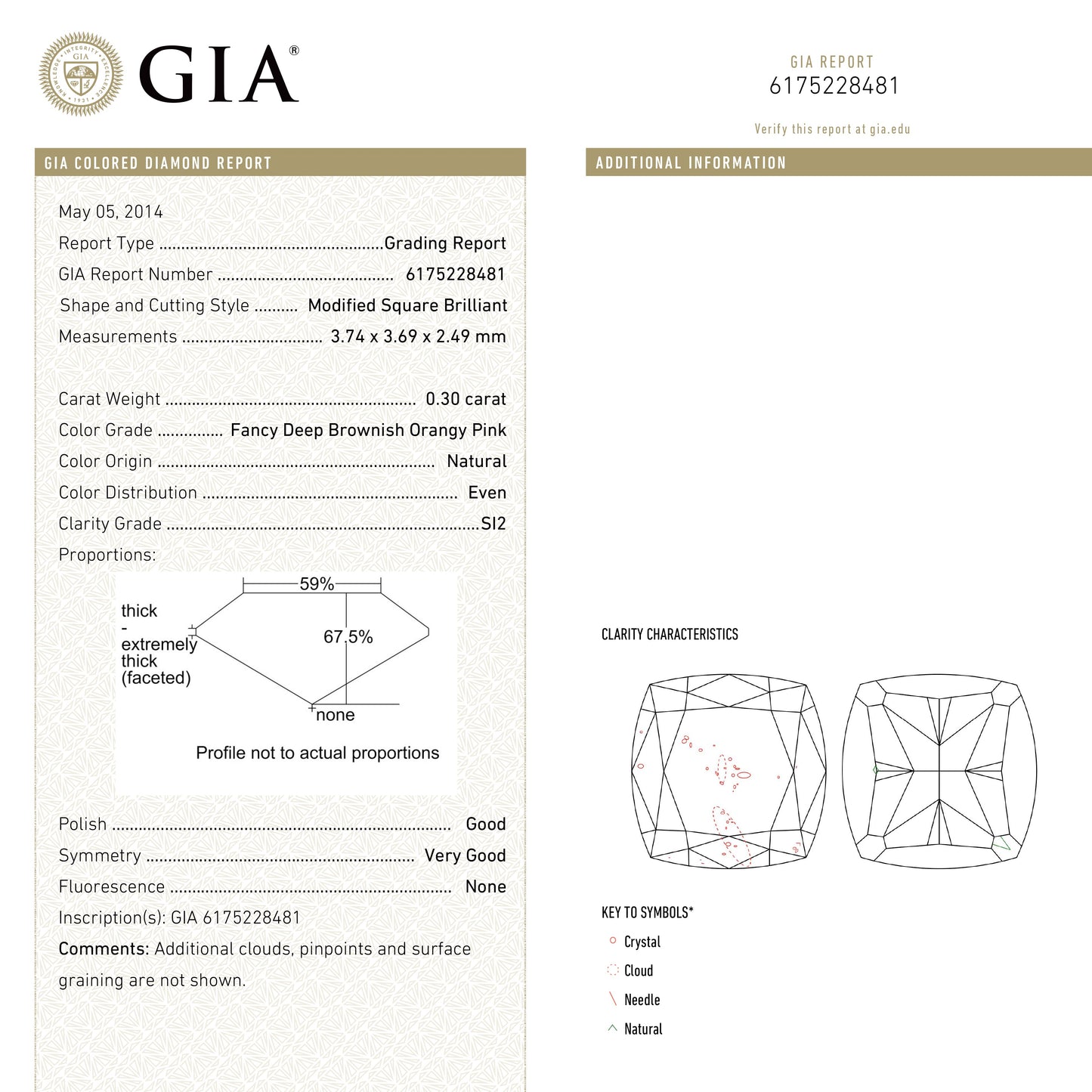 0.30ct 3.74x3.69x2.49mm GIA SI2 Fancy Deep Brownish Orangy Pink Cushion Brilliant π¦πΊ 24104-01