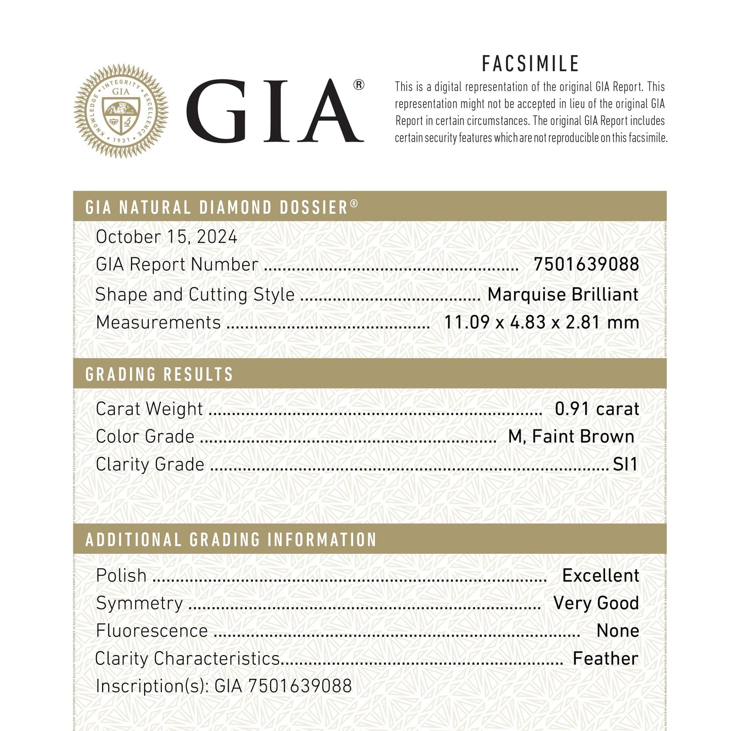 0.91ct 11.09x4.83x2.81mm GIA SI1 M Marquise Brilliant π¨π¦ 26592-01